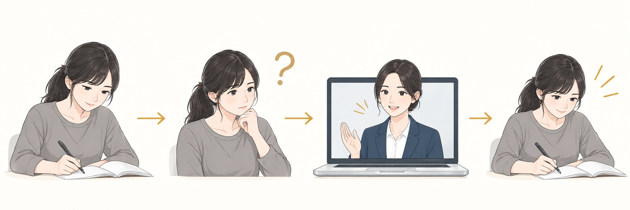自分で解く、疑問に気づく、質問して理解を確かめる、解く練習へ戻る。
