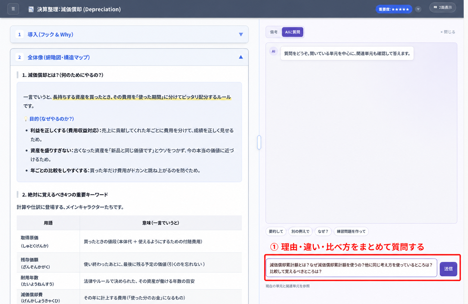 理由や違い、比べ方についてAIへまとめて質問する入力欄を赤枠で示した画面