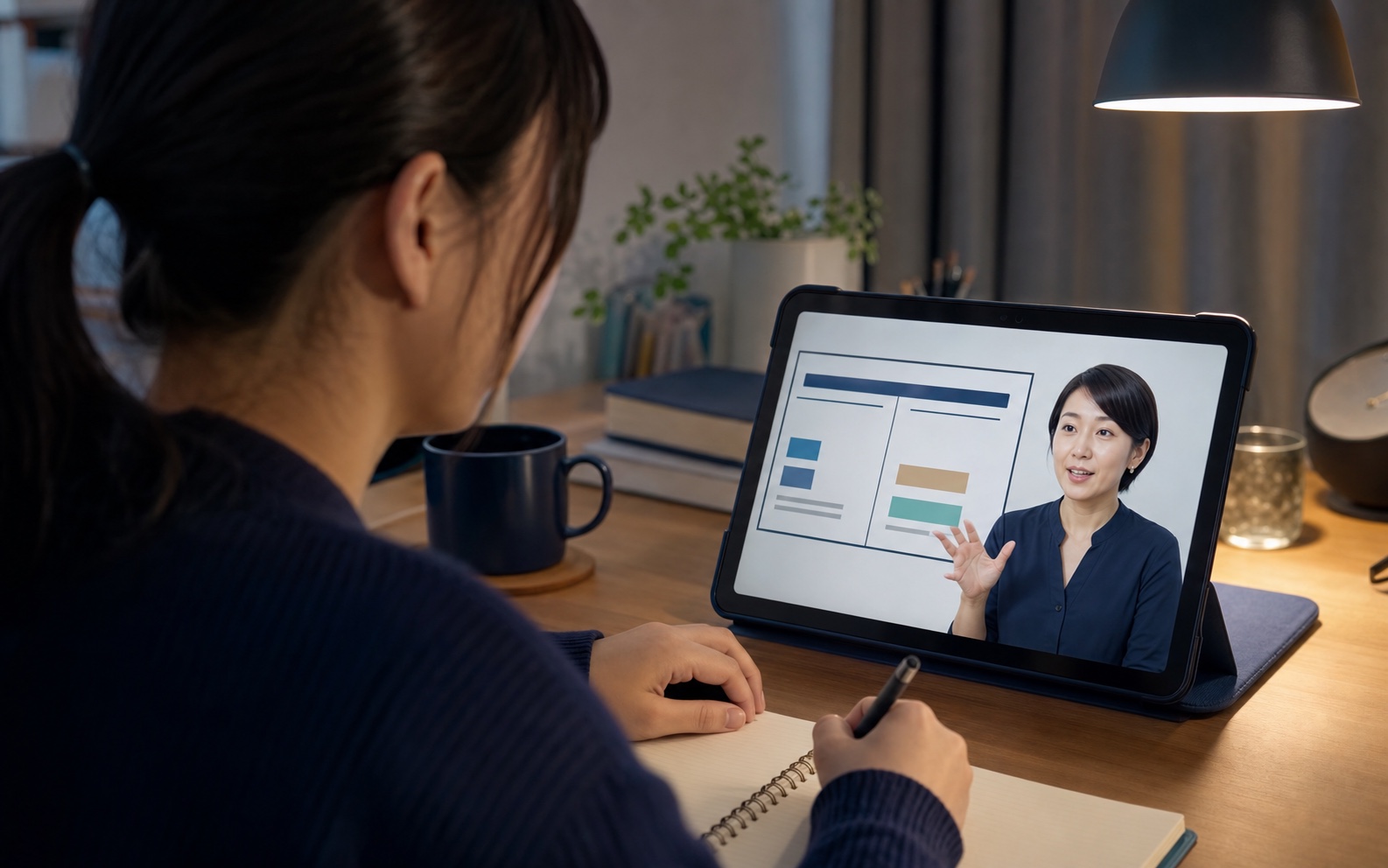 タブレットを使った講師とのオンライン簿記授業の様子
